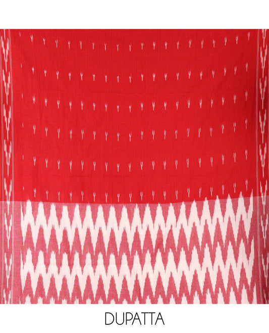 Cream-red material chudidar set, chevron design pure cotton pochampally ikkat top, contrast bottom & chevron design pochampally ikkat dupatta