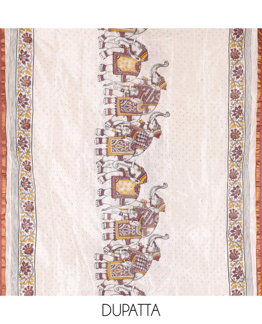 Coffee Brown Material Churidar Set, Adorned with Zari Checked Semi-Silk Top, Comes with a Contrast Plain Soft Cotton Bottom, and a Contrast Semi-Silk Dupatta, Pictures a Herd of Elephants