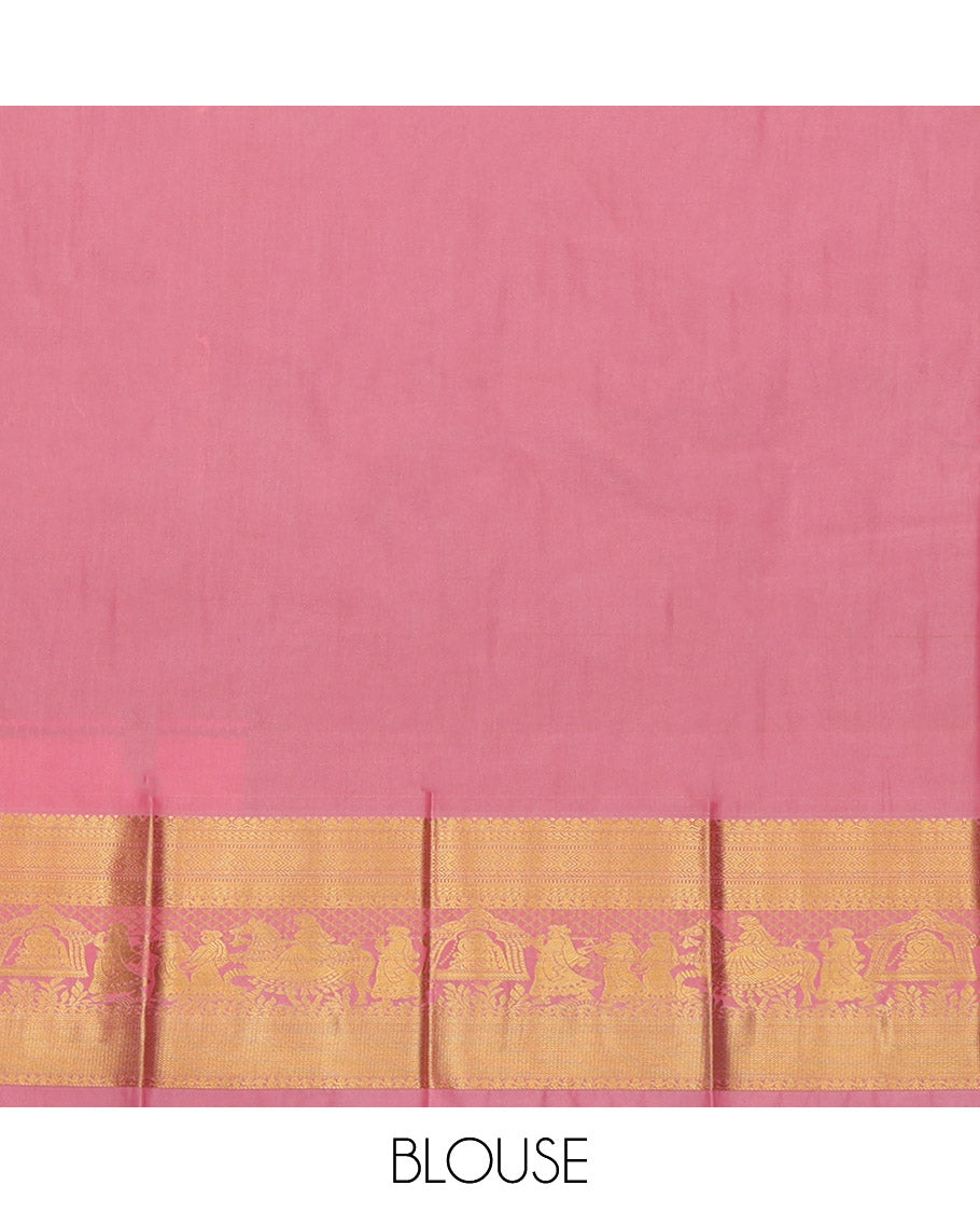 Green Budget Silk Saree, Adorned with Paisley Buttas and Stripes, a Contrast Traditional Wedding Themed Zari Border, a Grand Pallu and a Contrast Blouse