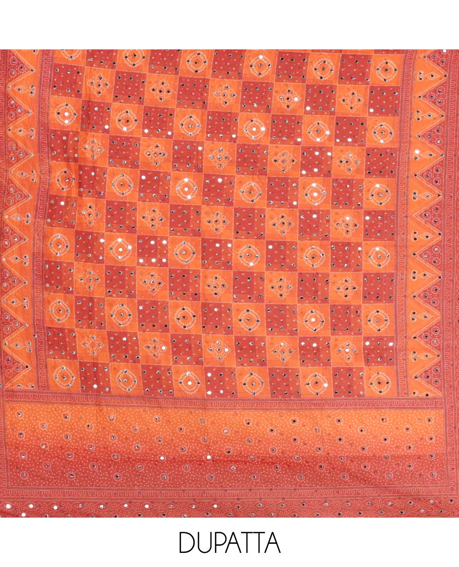 Orange double shaded bhandani print organza chudidhar material top with santoon material pant & bhandani print, mirror work dupatta