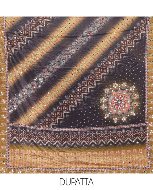 Black & mustard material chudidar set, Arjrakh print & mirror work Masakali crepe top,santoon bottom & Arjrakh print & mirrorwork chinon dupatta