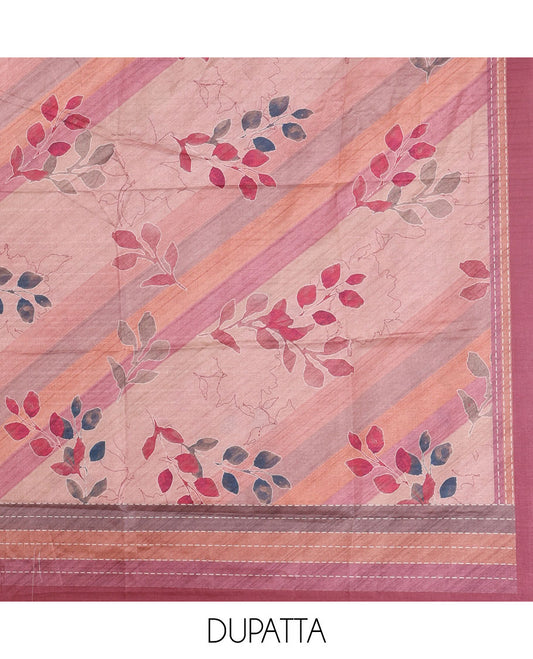 Onion pink semi-tussar material chudidar set,geometric & kantha print top,heathered plain bottom & dupatta of geometric & floral print