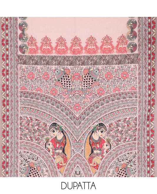 Onion pink material chudidar set, Madhubani theme printed with French Knot embroidered and mirror work Vertican silk top, contrast rayon bottom, and Madhubani printed dupatta