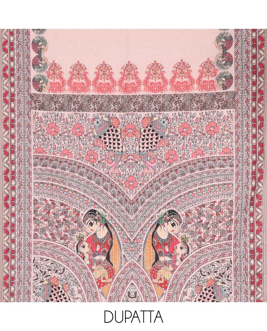 Onion pink material chudidar set, Madhubani theme printed with French Knot embroidered and mirror work Vertican silk top, contrast rayon bottom, and Madhubani printed dupatta