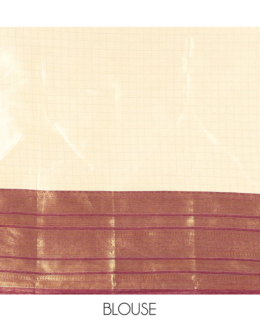 Cream-Dark Purple Semi-Silk Half-Saree