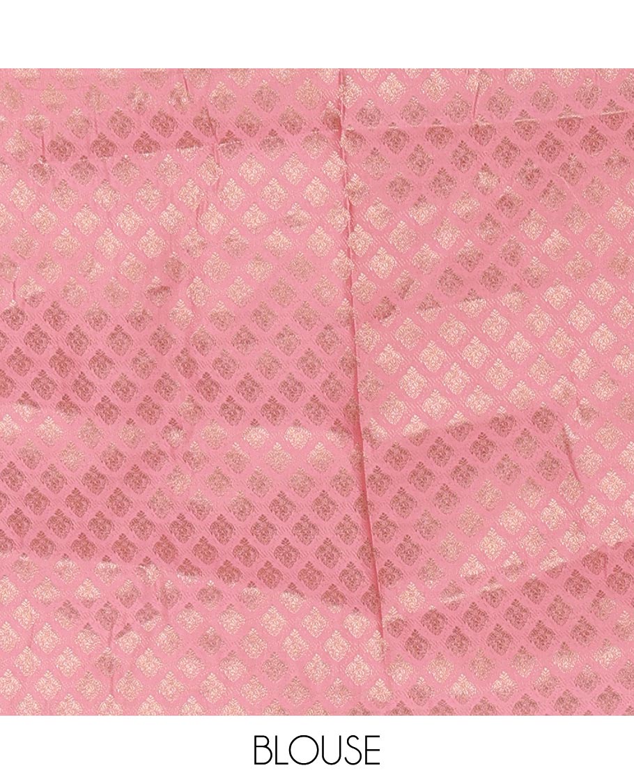 Cream semi-banaras half saree,leheriya zari skirt,contrast onion pink zari & swarovski stonework border,jacquard blouse & zari weave dhavani