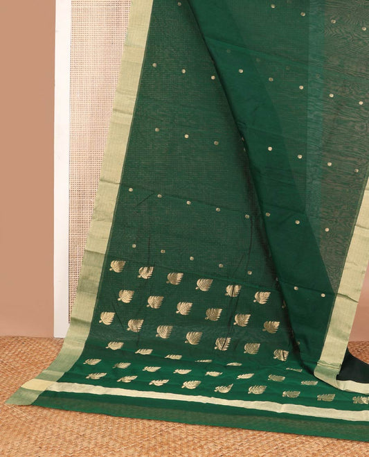 Dark green motifs chanderi cotton saree with contrast border & leaf motifs, striped pallu