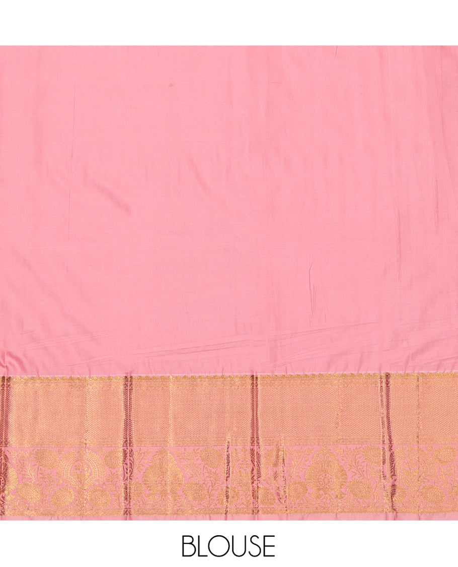 Green Budget Silk Saree, Detailed with Zari Buttas, Complemented by a Contrast Traditional Zari Border, Grand Pallu, and a Contrast Blouse