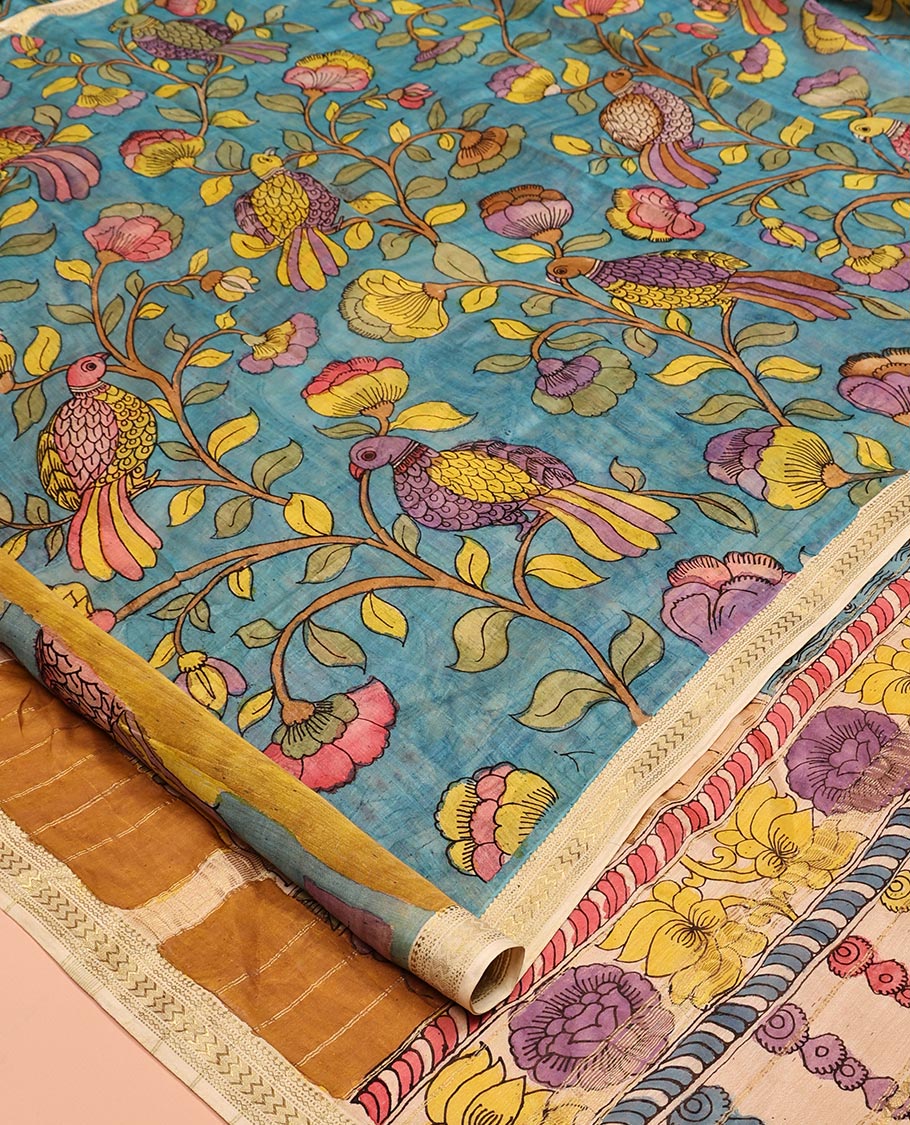 Blue Floral-Bird Pen Kalamkari Silk Saree, a Contrast Border, Lord Krishna-Disciple Pallu, Contrast Blouse