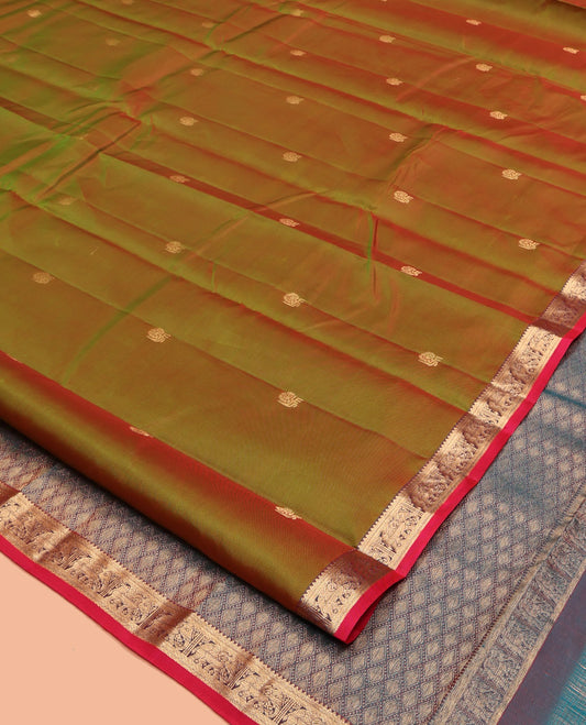 Green Vasundhara Lite Silk Mix Saree, Graced with Zari Buttas, Contrast Border of Rekku and Yaanai Designs, Jaal Pallu, and Contrast Blouse