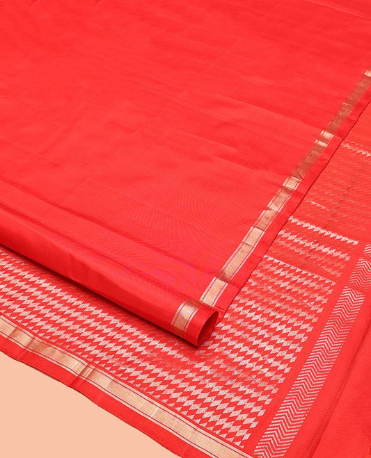 Red Mayuri Soft Silk Saree, Gleamed Up with Zari Buttas All Over Its Body, Subtle Zari Piping Border, Pallu of Geometric Designs, and Paired with a Matching Blouse