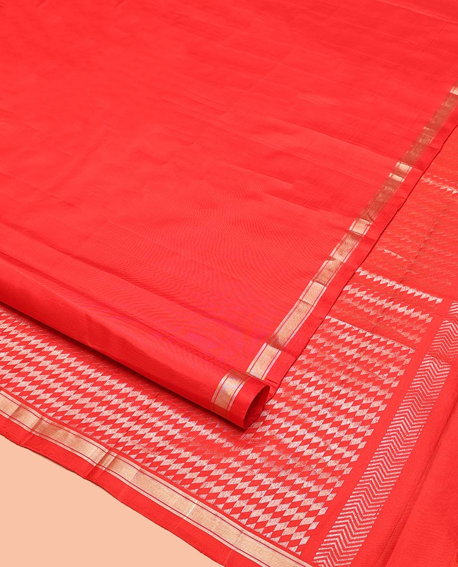 Red Mayuri Soft Silk Saree, Gleamed Up with Zari Buttas All Over Its Body, Subtle Zari Piping Border, Pallu of Geometric Designs, and Paired with a Matching Blouse