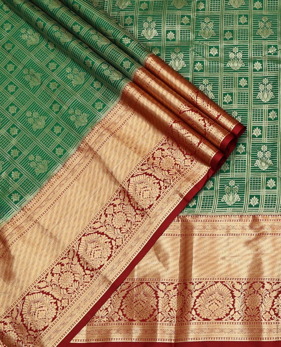 Green Art Silk Material Half Saree Set Featuring a Jacquard Skirt, a Contrast Traditional Zari Design Border, Contrast Blouse, and Zari Designs Dhavani