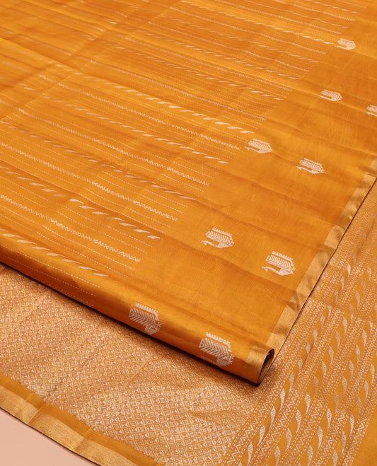 Mustard Mayuri Soft Silk Saree Elevated with Neli and Muthu Stripes On Its Body, Highlighted by Peacock Motifs Border, Jaal Pallu and Paired with a Matching Blouse