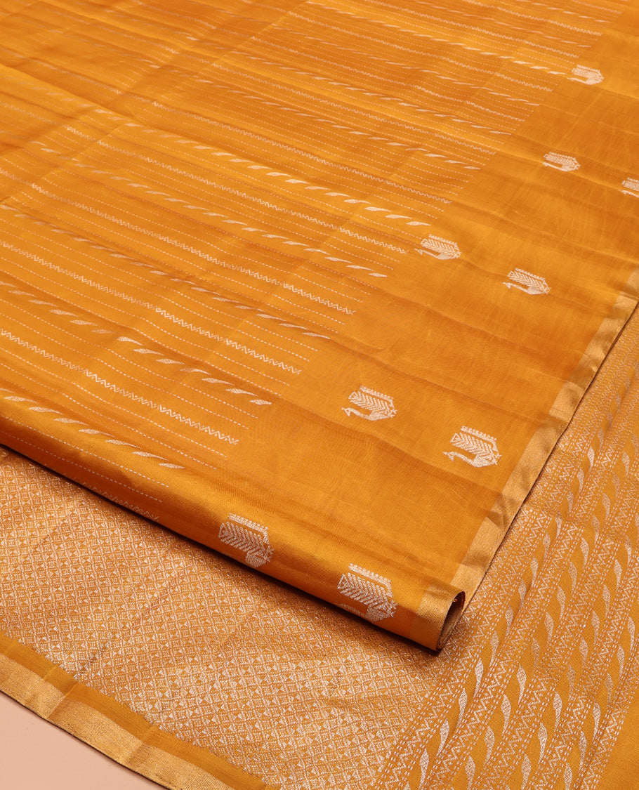 Mustard Mayuri Soft Silk Saree Elevated with Neli and Muthu Stripes On Its Body, Highlighted by Peacock Motifs Border, Jaal Pallu and Paired with a Matching Blouse