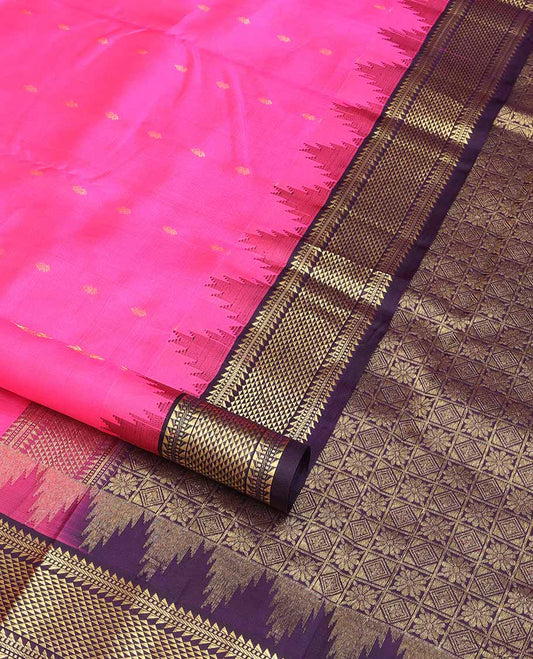 Pink buttas buttas silk saree with contrast border of muthu, banaras, ara maadam design & floral checked design pallu