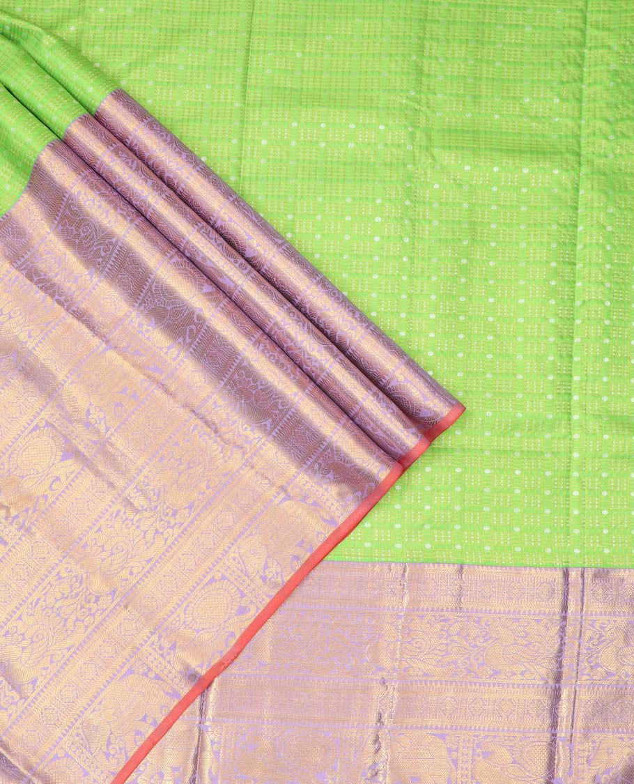 Green checked, floral design pure silk half silk saree with contrast zari border , contrast zari design blouse & plain with zari border dhavani