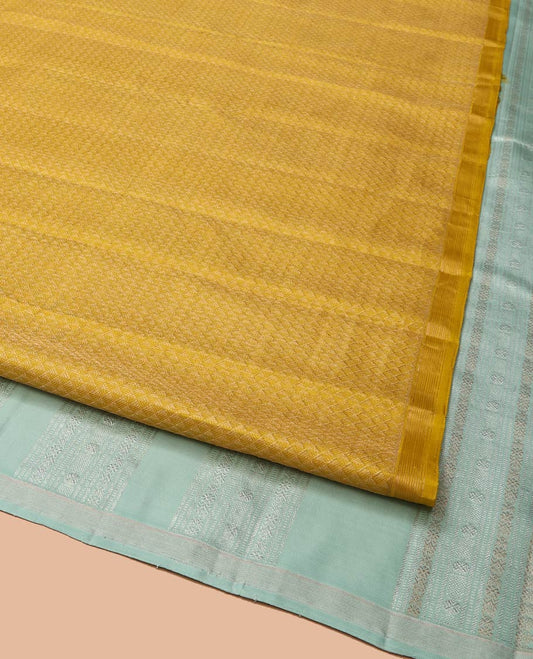 Yellow and Red Half-And-Half-Style Kanchipuram Designer Silk Saree, Subtly Enriched with Floral Buttas and  Jaal Designs All Over Its Body, Piping Border, Captivating Contrast Pallu of Traditional Designs Weave, and Is Paired with a Contrast Blouse
