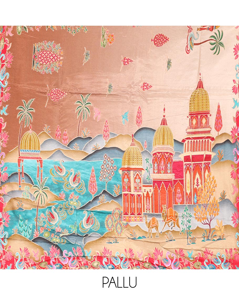Pale Brown Dola Silk Saree, Richly Detailed with Mughal-Style Design on Its Body, Complemented by Contrast Floral-Bird Printed Border, Mughal-Style Printed Pallu, and Paired with a Contrast Blouse