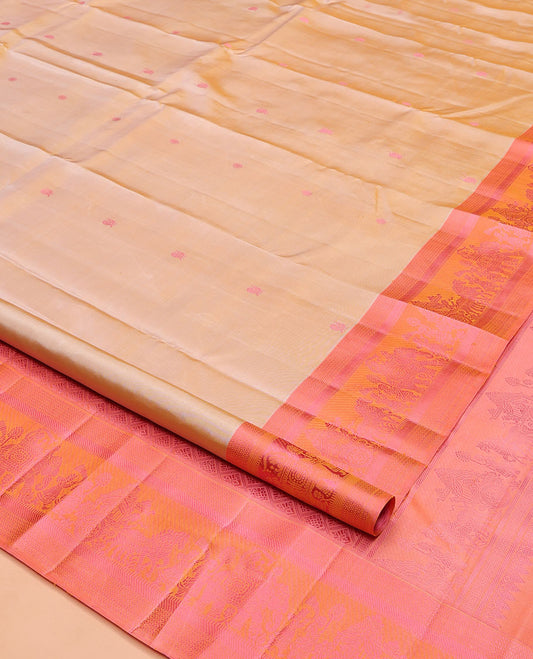 Sandal Kanchipuram Silk Saree, Accentuated with Mayil and Chakram Thread Buttas on Its Body, Complemented by a Contrast Border of Mayil Kann, Banaras, Muthu, and Wedding-Themed Designs, Pallu of Jaal Designs, and Paired with a Contrast Blouse