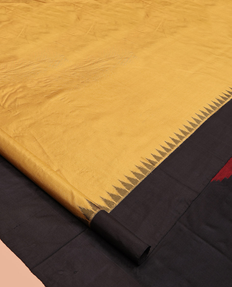 Sandal Plain Pochampally Ikat Silk Saree, Complemented by a Contrast Temple Border, Pallu of Big Polka Dot, and Paired with a Contrast Blouse