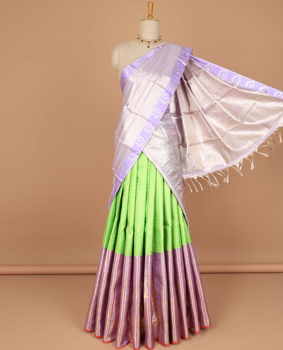 Green checked, floral design pure silk half silk saree with contrast zari border , contrast zari design blouse & plain with zari border dhavani