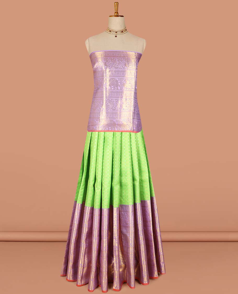 Green checked, floral design pure silk half silk saree with contrast zari border , contrast zari design blouse & plain with zari border dhavani