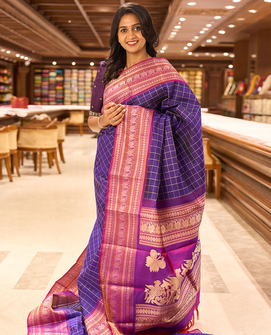 Dark blue checked kancheepuram silk saree with contrast thread border of rekku, banaras, paun design & intricate zari design pallu