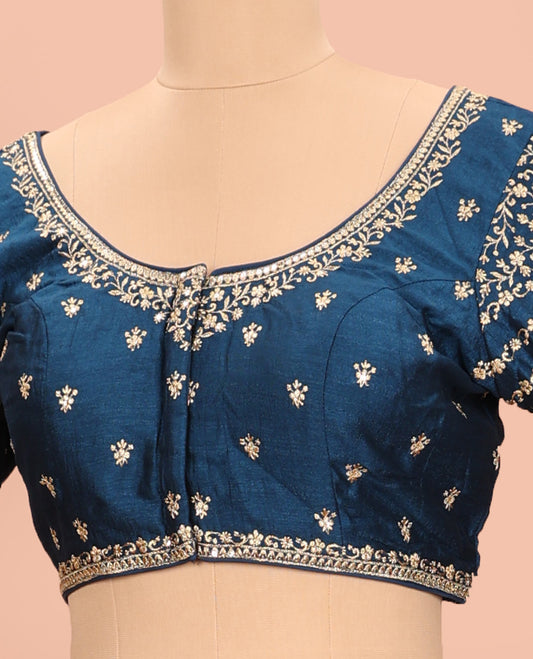Blue floral embroidered round neck with elbow sleeve raw-silk blouse