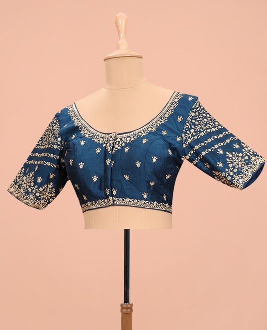 Blue floral embroidered round neck with elbow sleeve raw-silk blouse