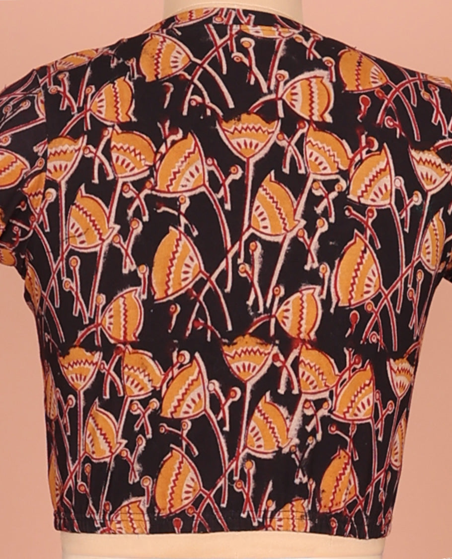 Black Cotton Readymade Blouse Graced with All-Over Floral Motifs Print, Featuring a Front Leaf-Neck, a Closed Back Neck, and Elbow Sleeves