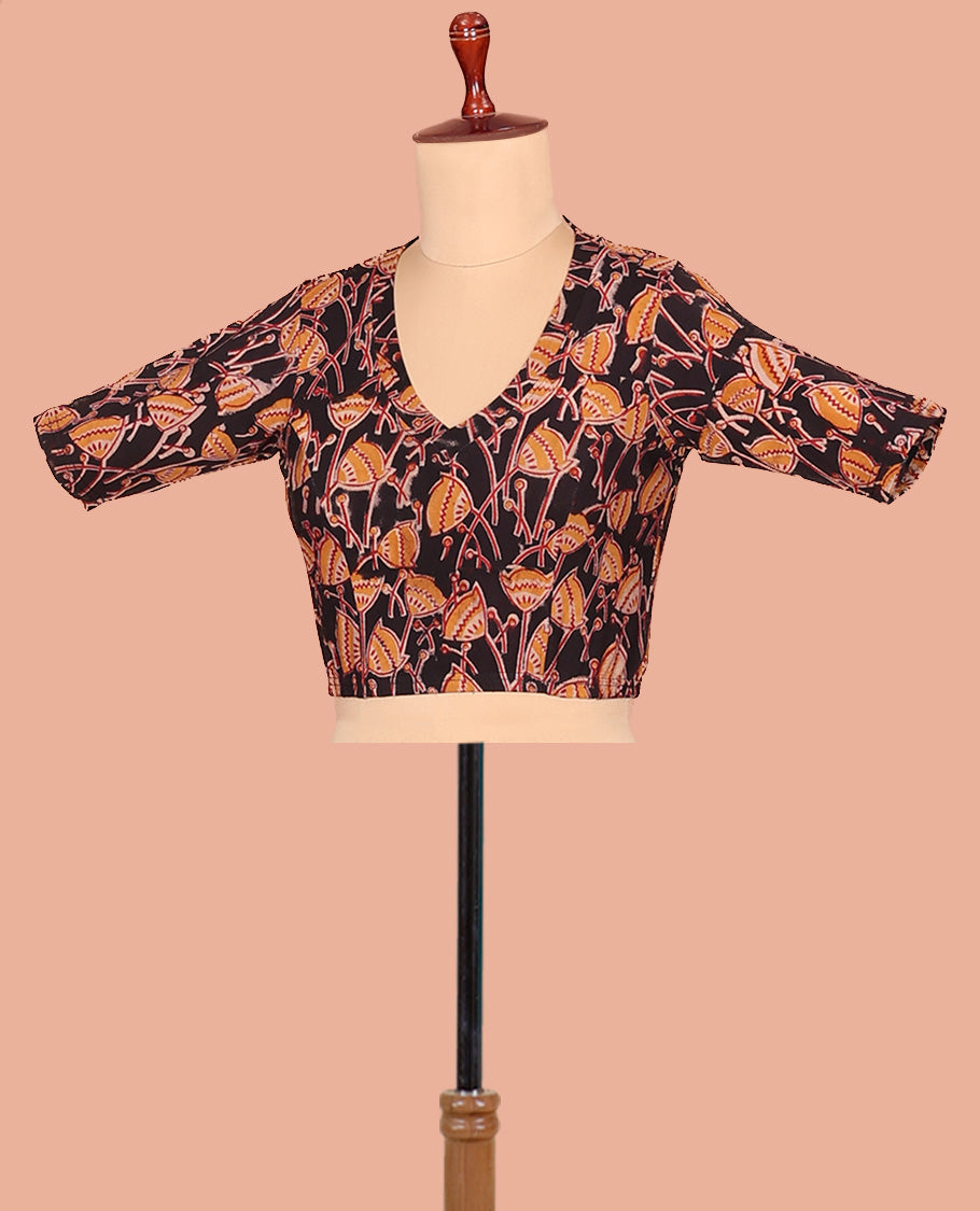 Black Cotton Readymade Blouse Graced with All-Over Floral Motifs Print, Featuring a Front Leaf-Neck, a Closed Back Neck, and Elbow Sleeves