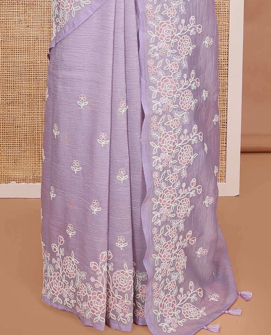Lavender floral motifs thread embroidered tissue saree, floral vine embroidered border and pallu