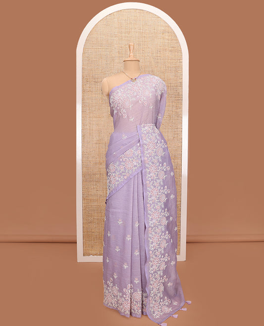 Lavender floral motifs thread embroidered tissue saree, floral vine embroidered border and pallu