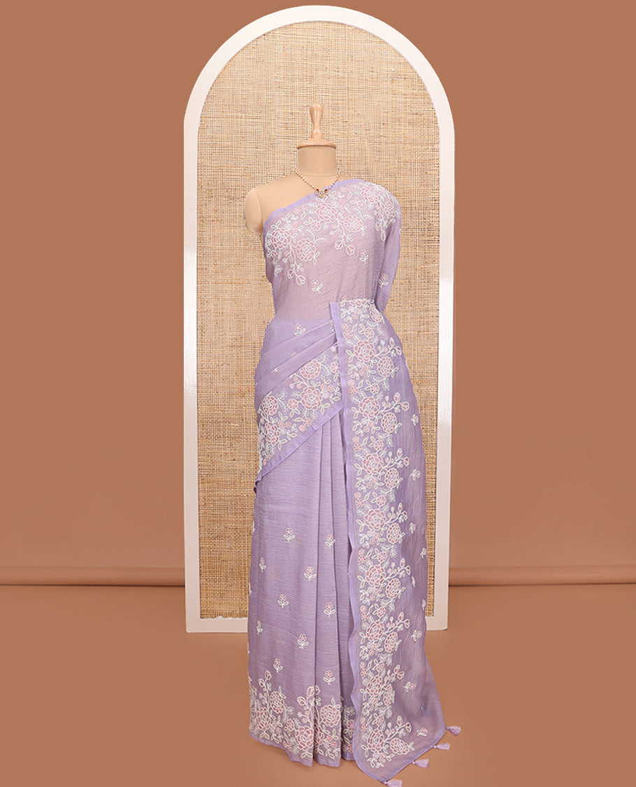 Lavender floral motifs thread embroidered tissue saree, floral vine embroidered border and pallu