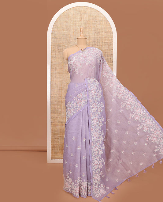 Lavender floral motifs thread embroidered tissue saree, floral vine embroidered border and pallu