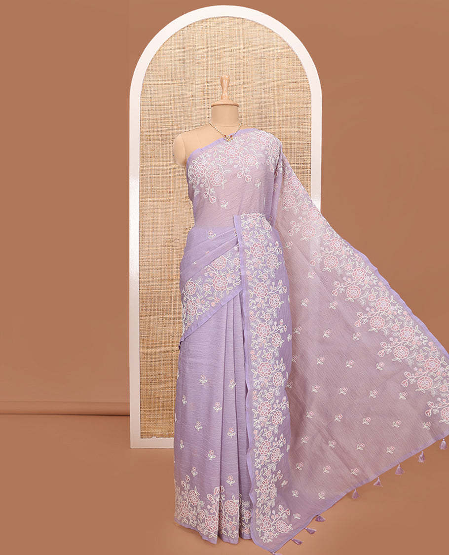Lavender floral motifs thread embroidered tissue saree, floral vine embroidered border and pallu