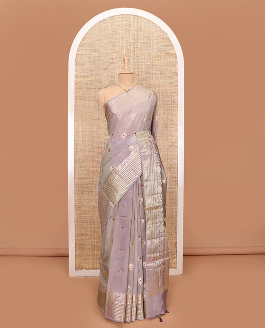 Grey meena floral zari buttas tussar saree, traditional zari design border, and floral jaal pallu