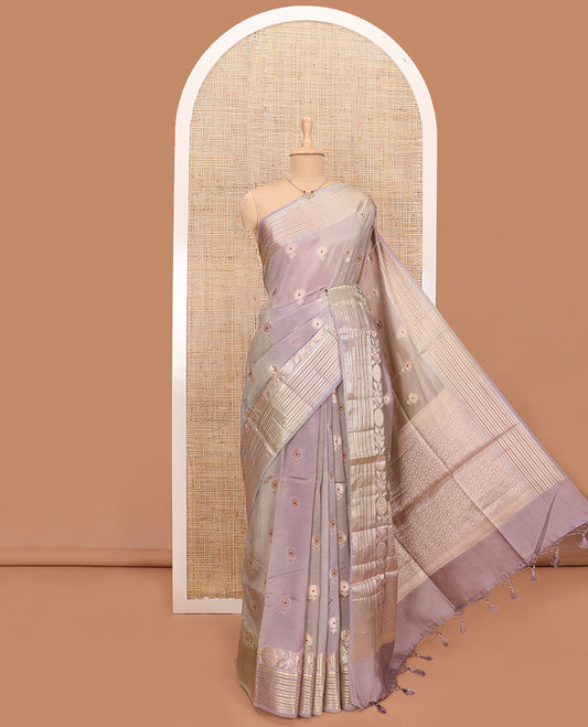 Grey meena floral zari buttas tussar saree, traditional zari design border, and floral jaal pallu