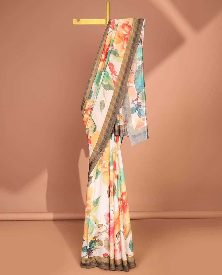 Orange floral digital printed crepe saree with contrast intricate design border