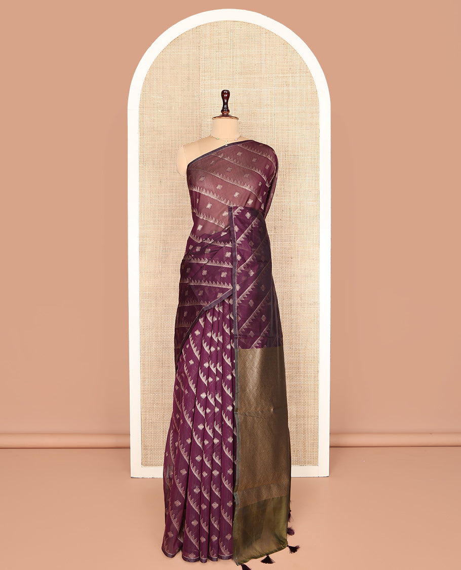 Borderless Purple Chanderi Cotton Saree, Adorned with Zari Buttas and Temple Stripes on Its Body, Complemented by Contrast Pallu of Jaal Designs, and Paired with a Contrast Jacquard Blouse