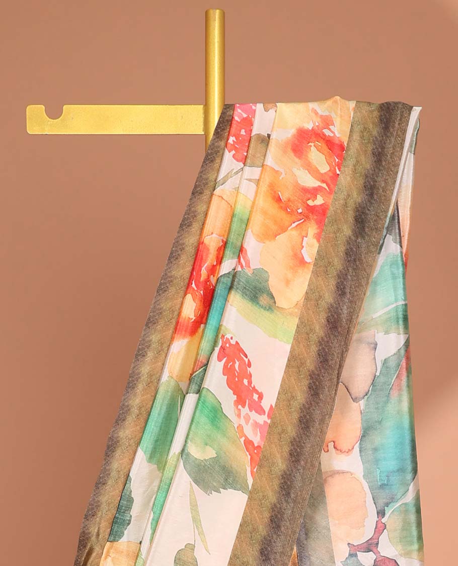 Orange floral digital printed crepe saree with contrast intricate design border