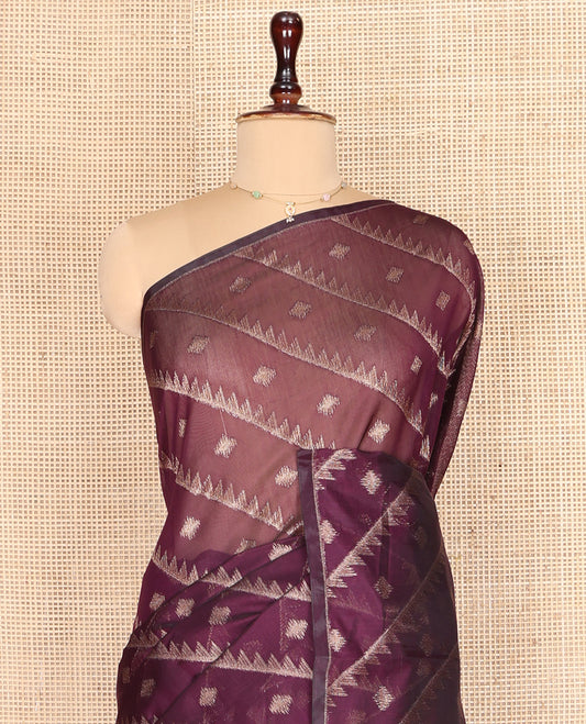 Borderless Purple Chanderi Cotton Saree, Adorned with Zari Buttas and Temple Stripes on Its Body, Complemented by Contrast Pallu of Jaal Designs, and Paired with a Contrast Jacquard Blouse