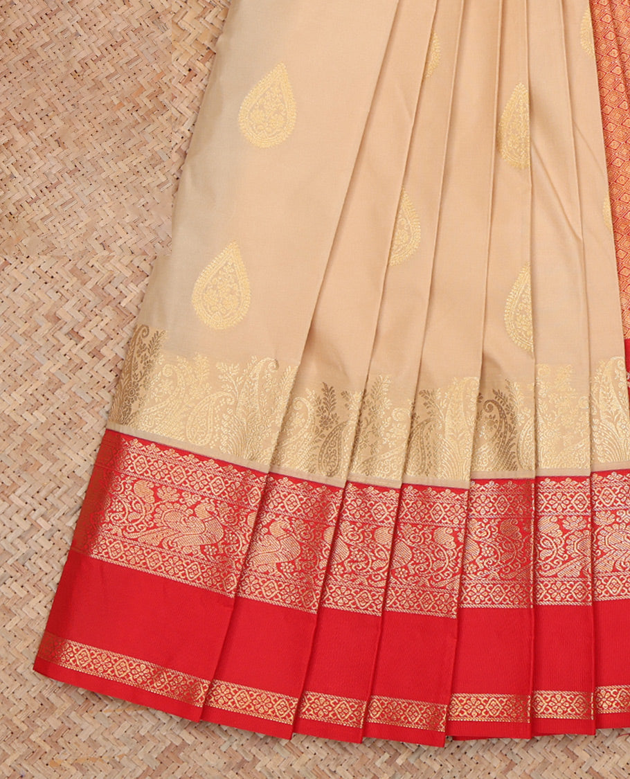 Paan-Chilli Red Zari Buttas Budget Silk Saree, a Contrast Traditional Rettai Pettu Border, Grand Pallu, a Contrast Blouse