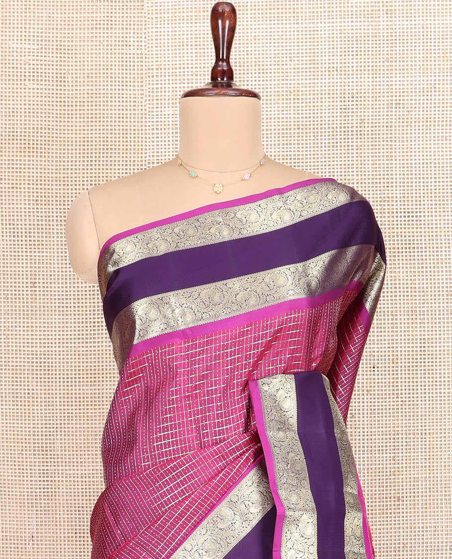 Magenta Vasundhara Silk Saree, Enriched with Vaira Oosi Checks, Complemented by Contrast Rettai Pettu Border of Kodi Mayil Designs, Elegantly Woven Pallu of Jaal Designs, and Paired with a Contrast Blouse