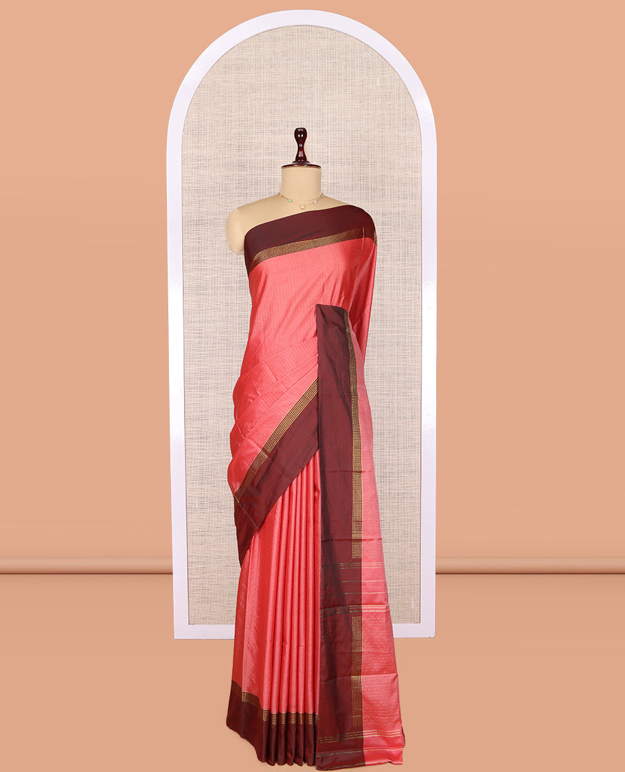 Dark Peach Zari Checked Arani Saree, Mesmerized with Zari Checks, a Contrast Traditional Border, Pallu of Zari Stripes, and a Matching Blouse