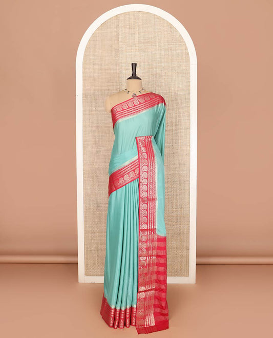 Green plain art mysore silk saree, contrast traditional zari design border, and zari design pallu