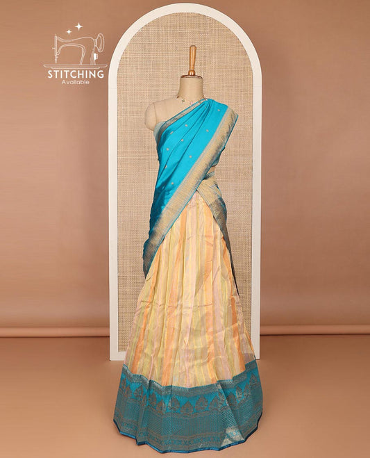Multi-color striped cottonhalf saree with contrast zari design border, zari design blouse & floral zari design dhavani