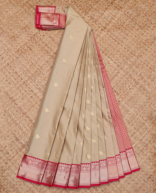 Beige Budget Silk Saree, Subtly Sparkled with Zari Buttas and Stripes, Complemented by a Contrast Traditional Zari Border, Grand Pallu, and a Contrast Blouse