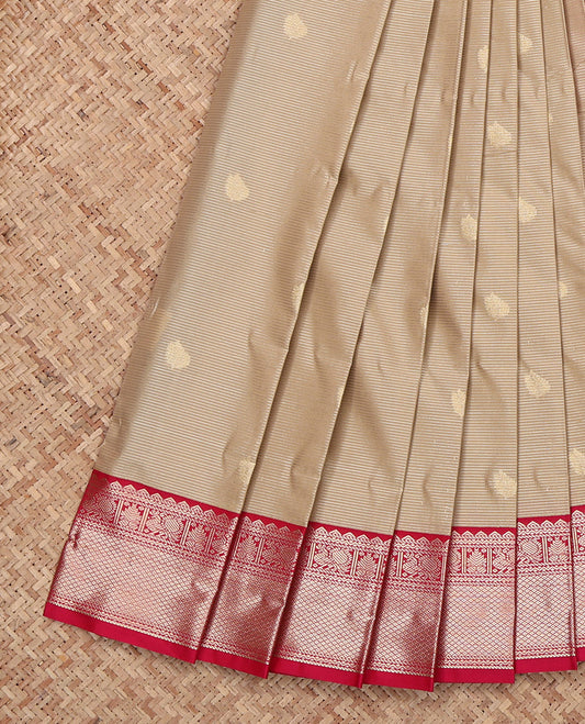 Beige Budget Silk Saree, Subtly Sparkled with Zari Buttas and Stripes, Complemented by a Contrast Traditional Zari Border, Grand Pallu, and a Contrast Blouse